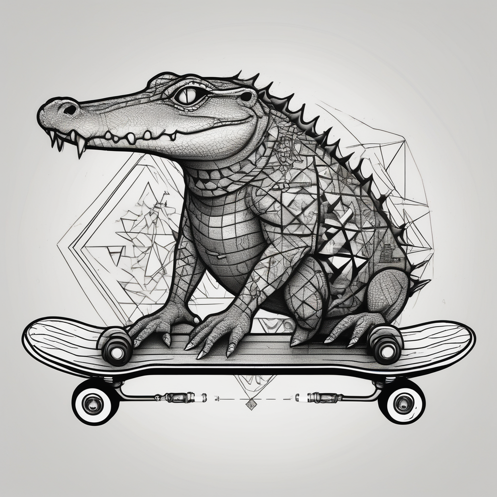 crocodile riding a skateboard with piercings and tattoos floral sleeve tattoo, AI-generated Geometric tattoo design